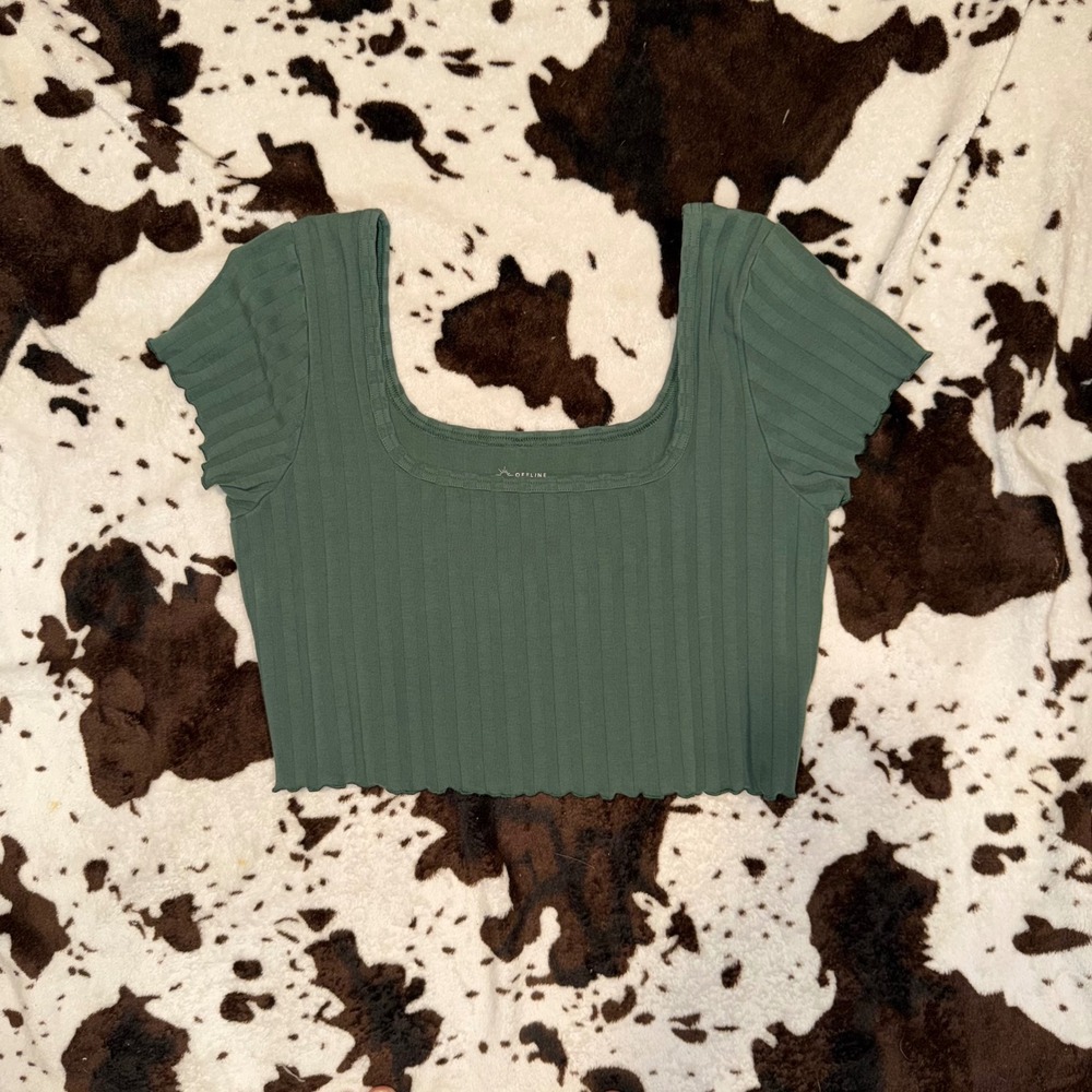 OFFLINE Aerie Crop Top Womens XL Green Ribbed Lettuce Edge Gorpcore OG Original